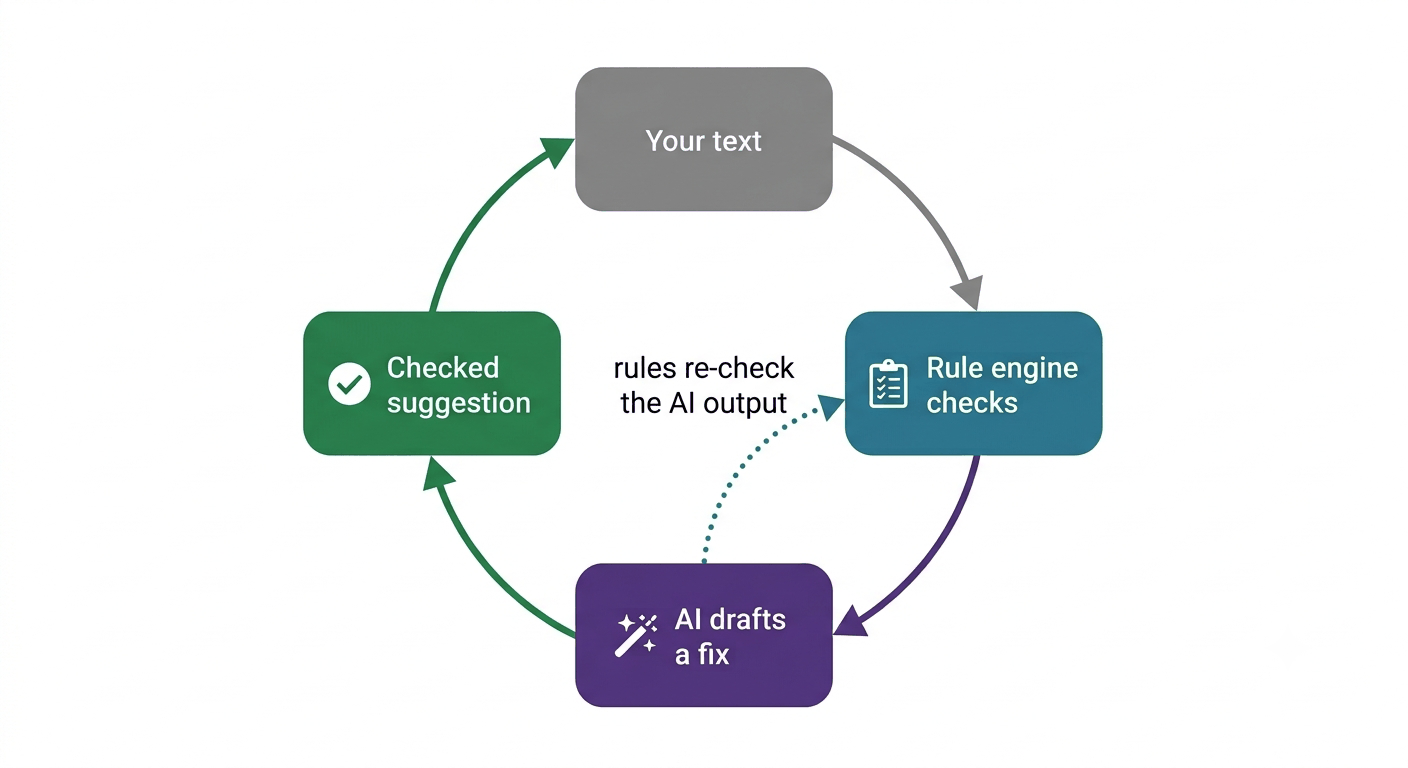 Circular diagram: your text flows to the rule engine, then to AI
drafting, then returns to you as a checked suggestion. A dotted arrow shows
the rules re-checking the AI's output before it reaches you.